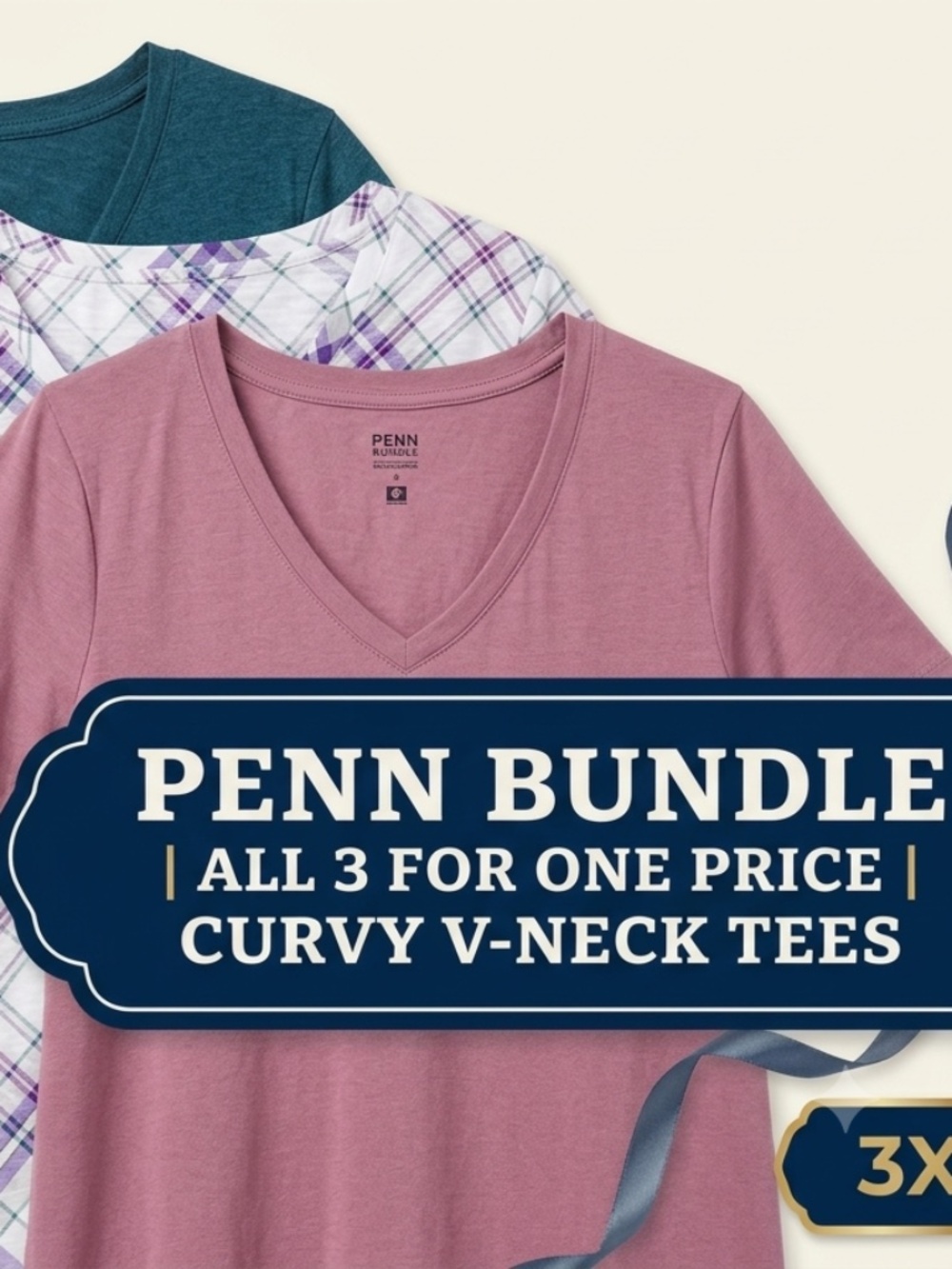 3 Pack Curvy Fit V-Neck PENN Tees Teal Plaid Pink Floral 3X⁠
